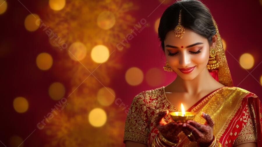 Mulher indiana em sari vermelho dourado segurando diya aceso para Diwali
