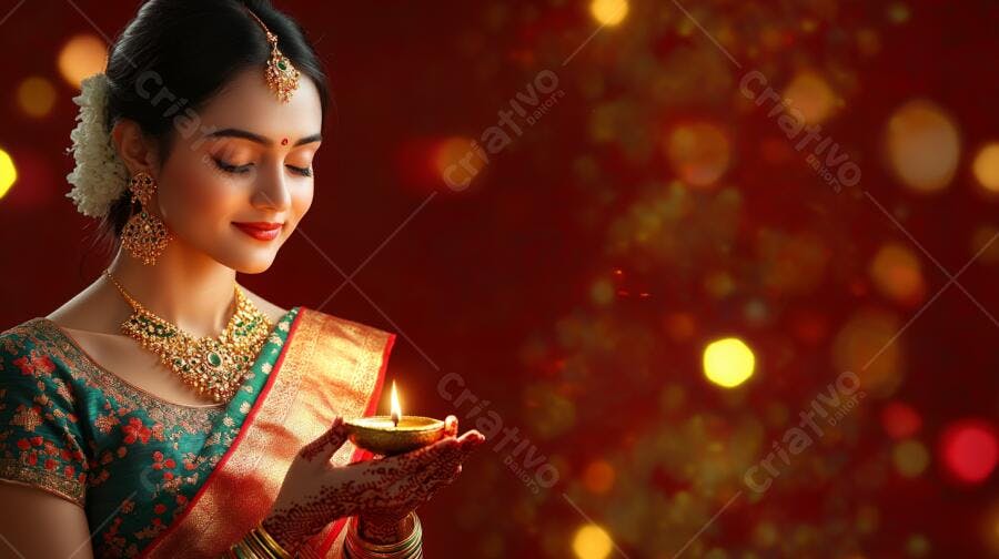 Mulher indiana sorrindo segurando diya em saree verde e dourado para Diwali