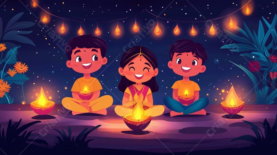 Crianças indianas sorrindo com diyas acesas em celebração noturna Diwali