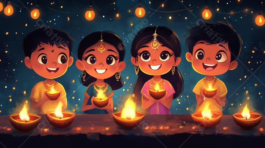 Crianças indianas sorrindo com diyas e luzes coloridas celebrando Diwali