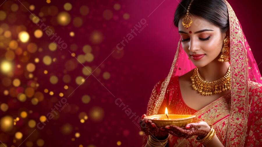 Mulher indiana em saree vermelho dourado segurando diya para Diwali