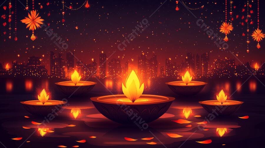 Lâmpadas Diyas laranja flutuando na água noturna com cidade iluminada