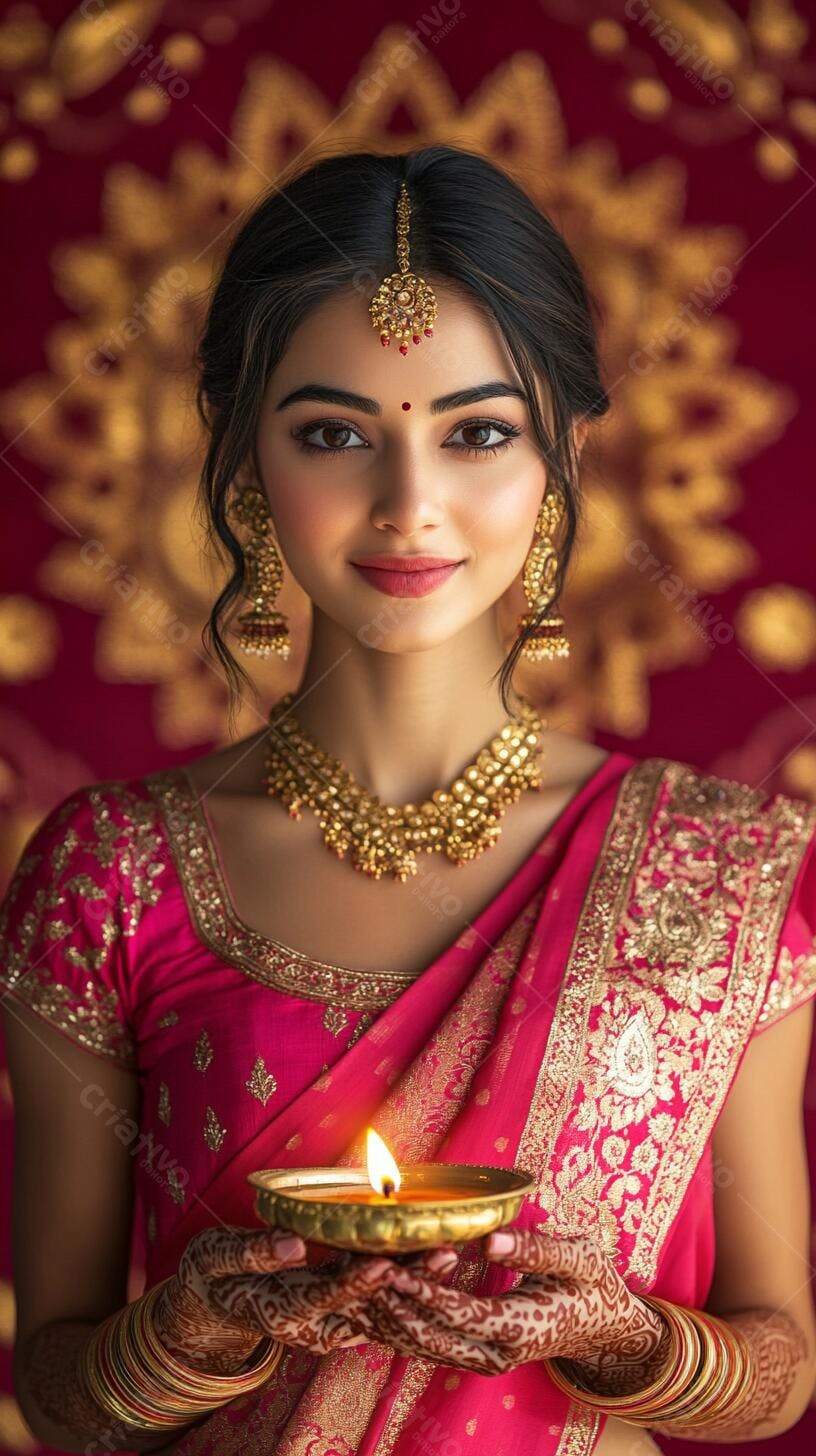 Mulher indiana com sari rosa e diya celebrando festival Diwali