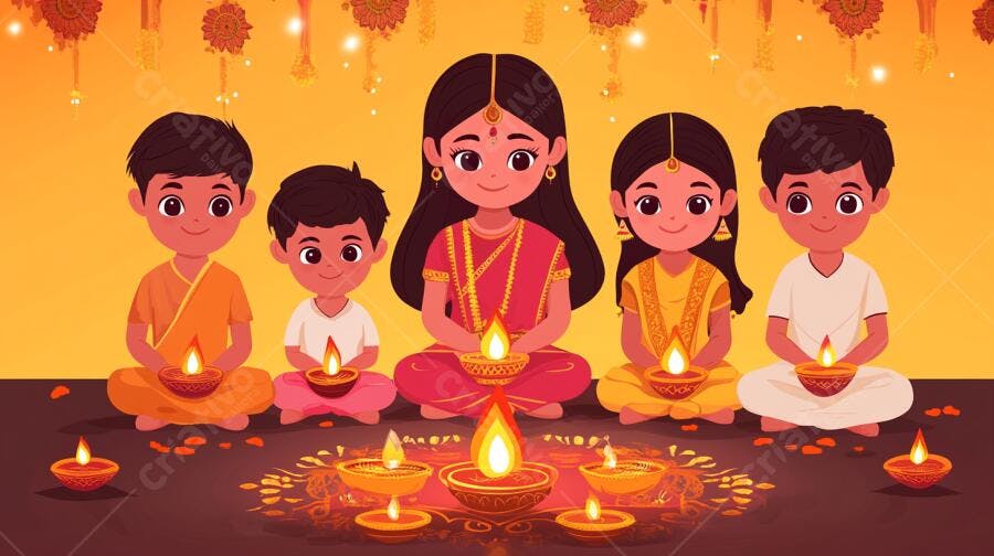 Crianças indianas felizes celebrando Diwali com diyas acesas e roupas coloridas