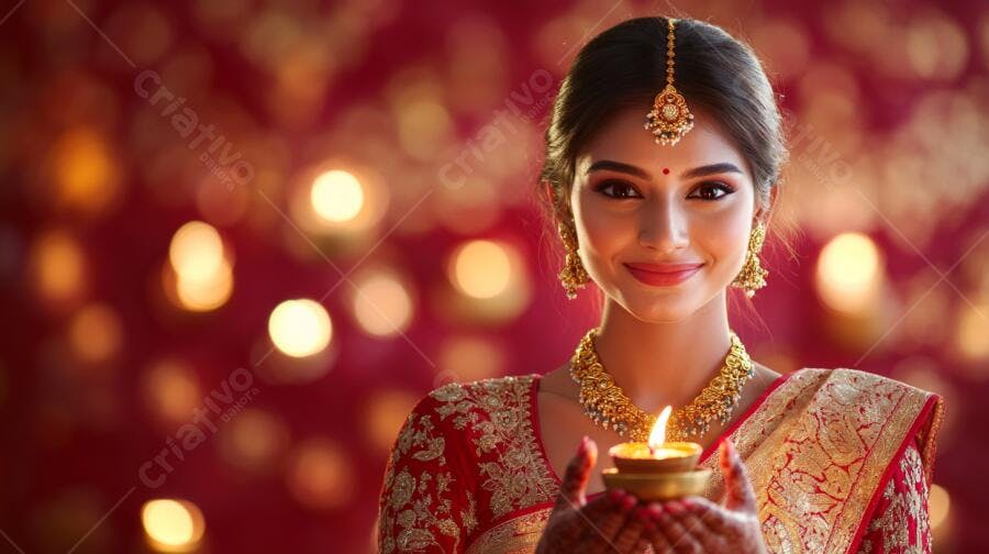 Mulher indiana sorrindo com diya vestida de sari vermelho e dourado em celebração