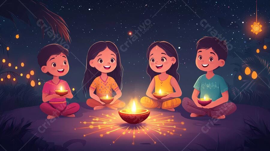 Crianças indianas felizes celebrando Diwali com diyas acesas sob a noite estrelada