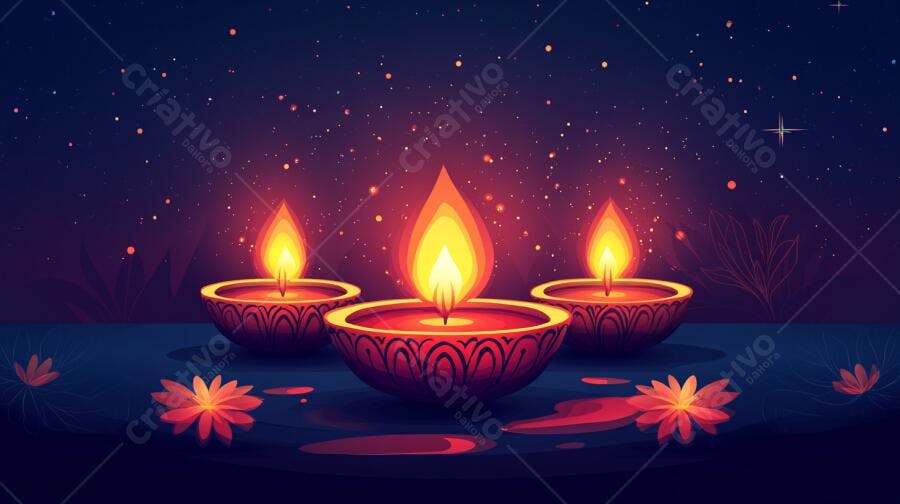 Diyas acesas para celebração de Diwali com chamas laranjas em noite escura e flores