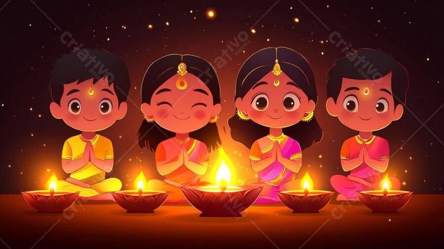 Crianças indianas felizes celebrando Diwali com lâmpadas diya