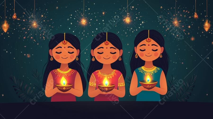 Três garotas indianas felizes segurando diyas na celebração de Diwali com fogos