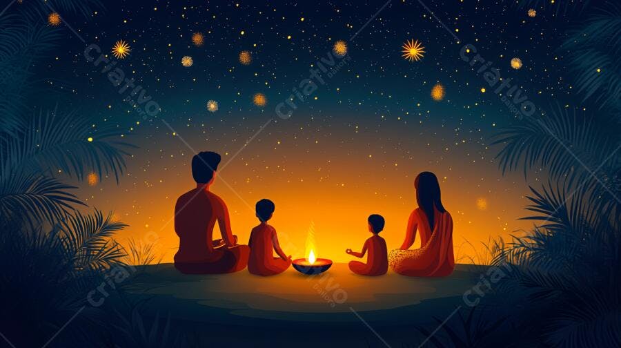 Família indiana celebrando Diwali com diya sob céu estrelado à noite