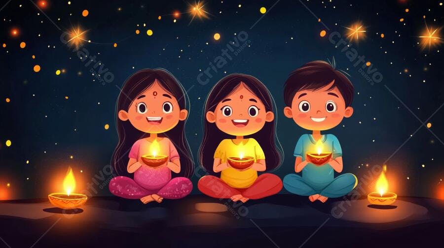 Crianças indianas sorridentes celebrando Diwali com lamparinas à noite