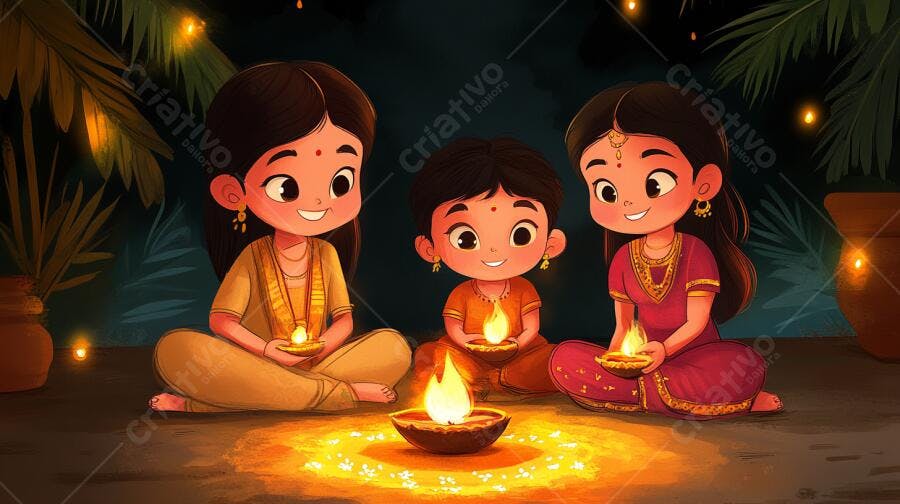 Três crianças indianas sorrindo com diyas e roupas tradicionais Diwali à noite