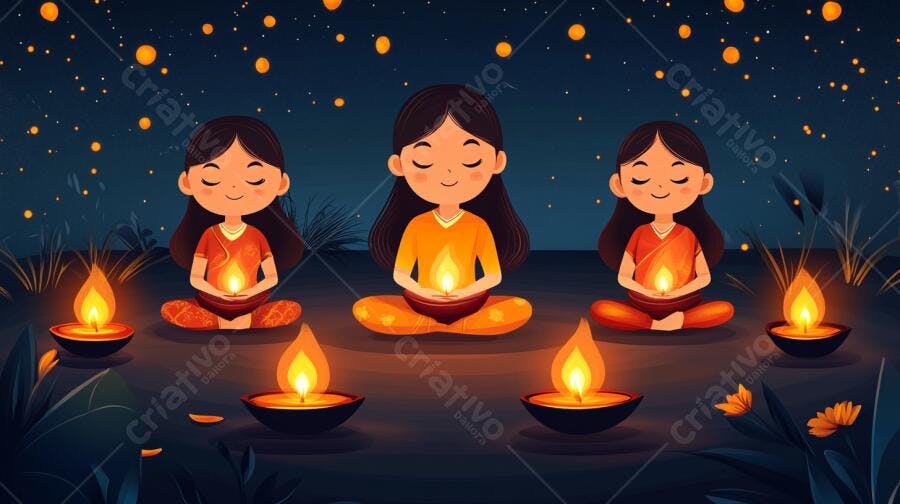 Meninas indianas meditando com lâmpadas diya à noite para Diwali