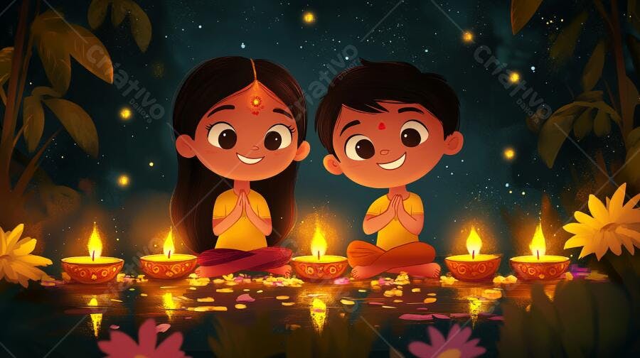 Menina e menino indianos sorrindo com lâmpadas diya celebrando Diwali à noite