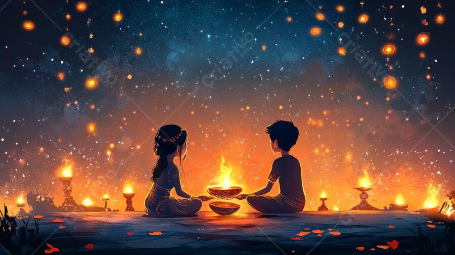 Crianças indianas celebrando Diwali com suas diyas sob um céu estrelado