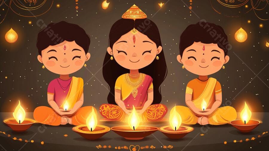 Crianças indianas celebrando Diwali com diyas acesas em noite festiva