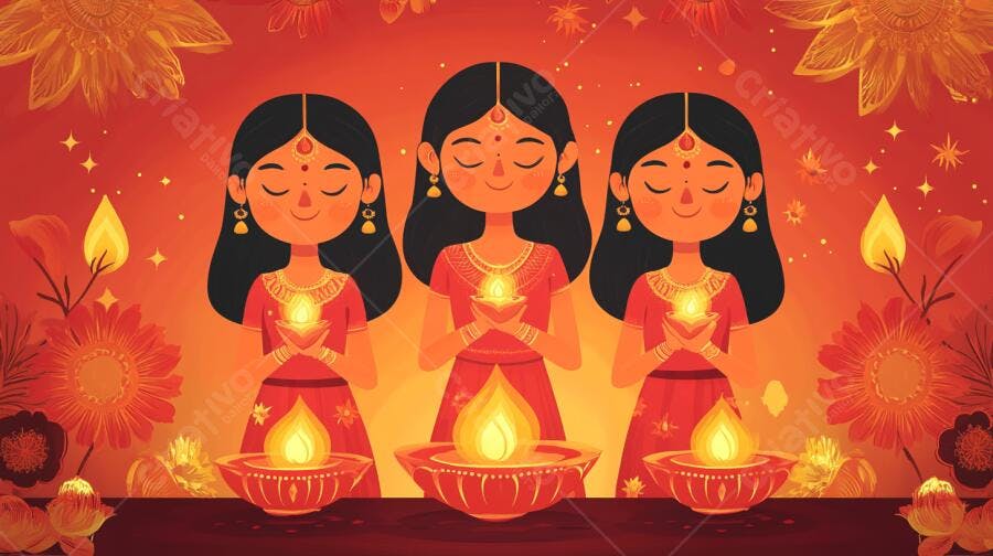 Mulheres indianas celebrando Diwali com diyas e flores vibrantes