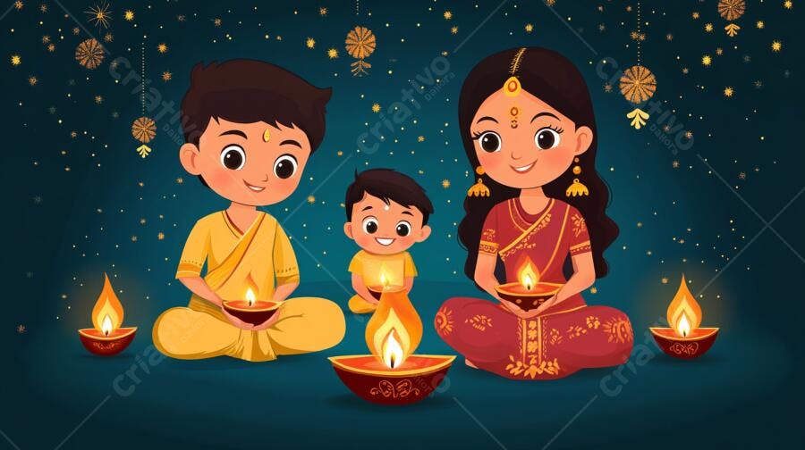 Família indiana sorrindo celebrando Diwali com diyas vestidos de vermelho e amarelo
