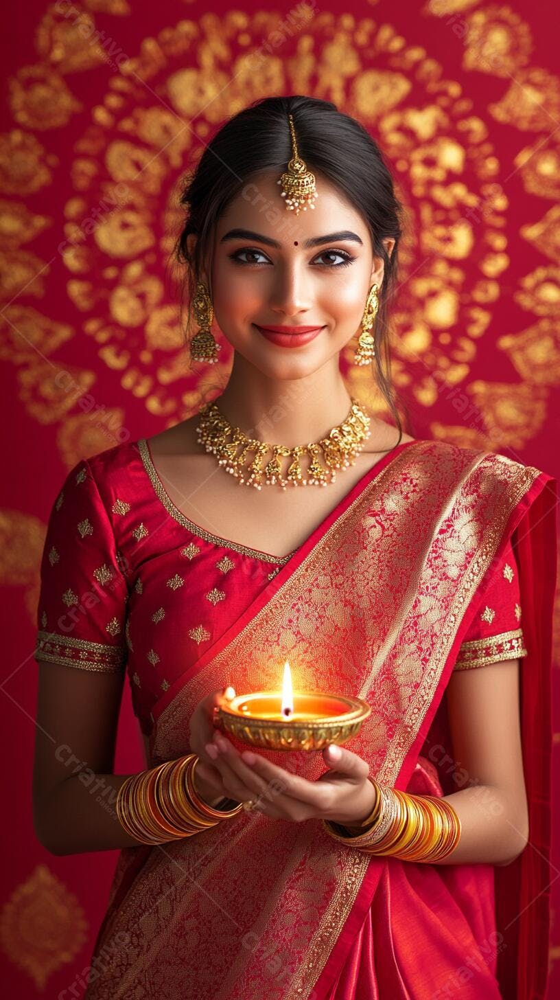 Mulher indiana sorridente em saree vermelho com diya em celebração Diwali
