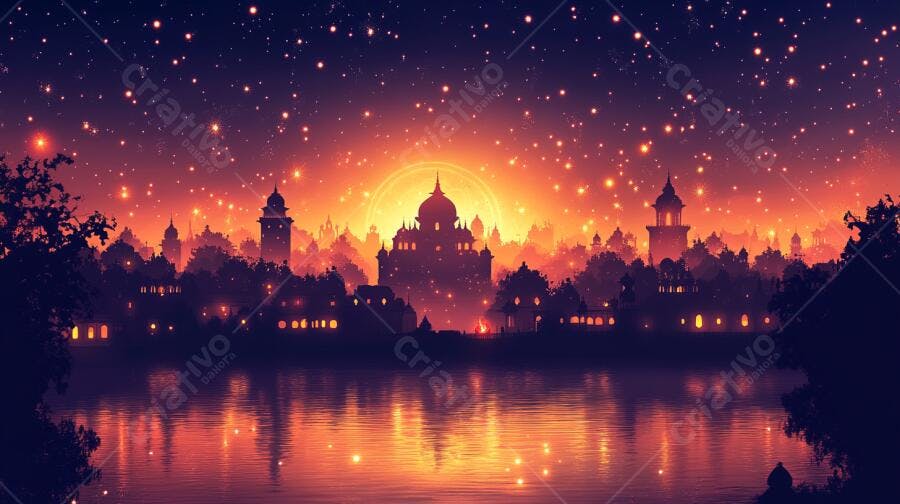 Paisagem noturna fantástica de cidade oriental com palácio e céu estrelado brilhante