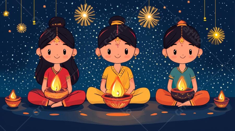 Meninas indianas coloridas segurando diyas sob céu estrelado em celebração Diwali