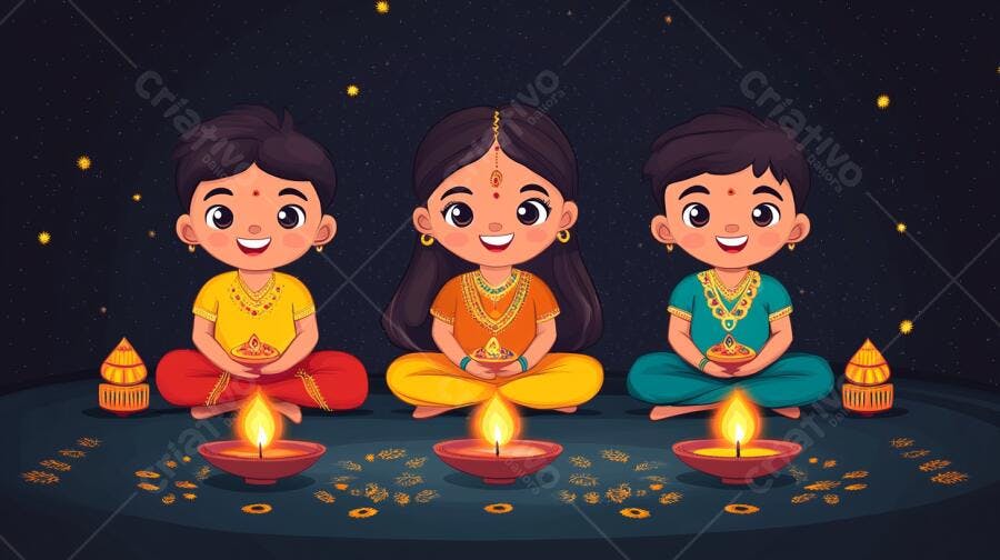 Crianças indianas celebrando Diwali com diyas acesas sob céu estrelado