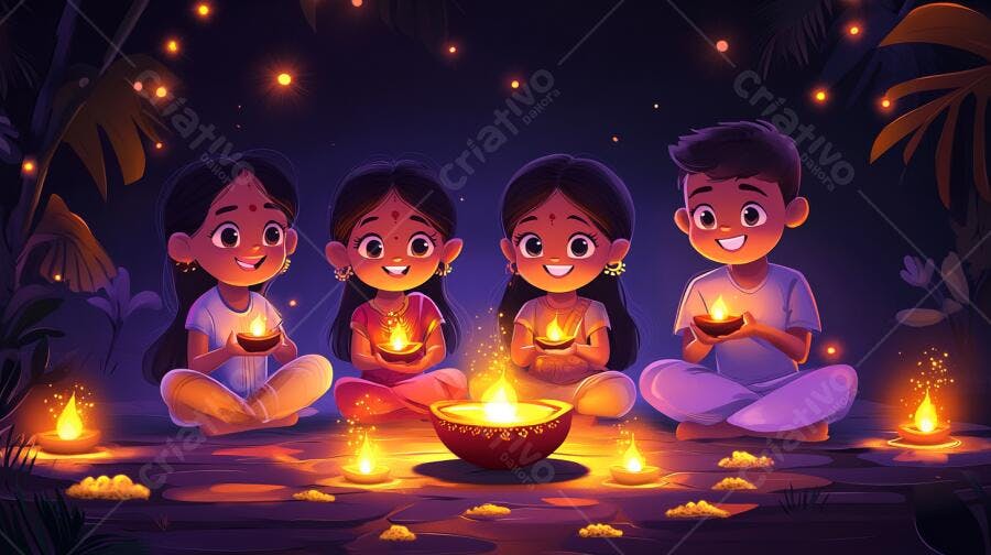 Crianças indianas felizes celebrando Diwali com diyas à noite