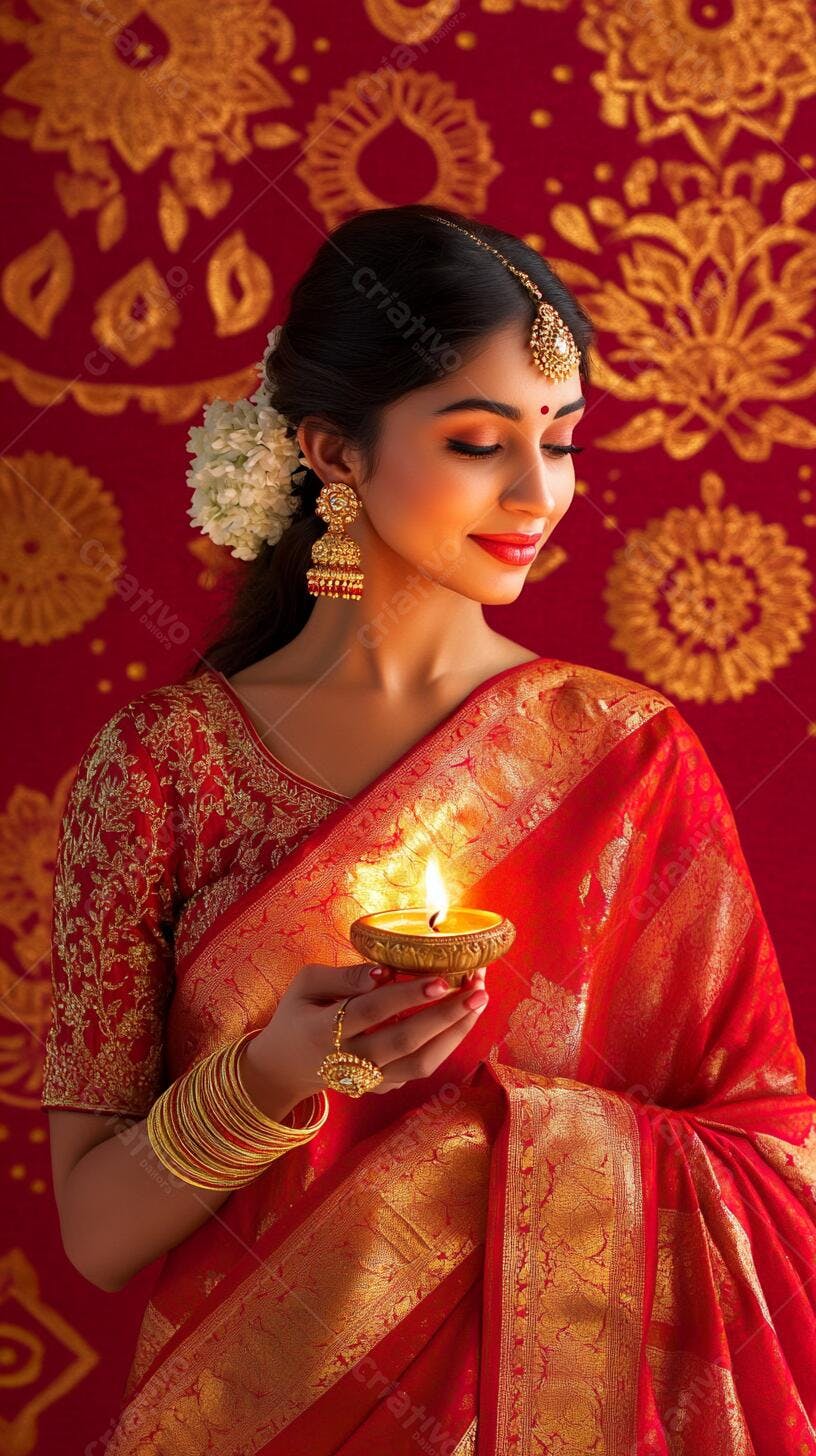 Mulher indiana celebra Diwali com diya em sari vermelho e dourado
