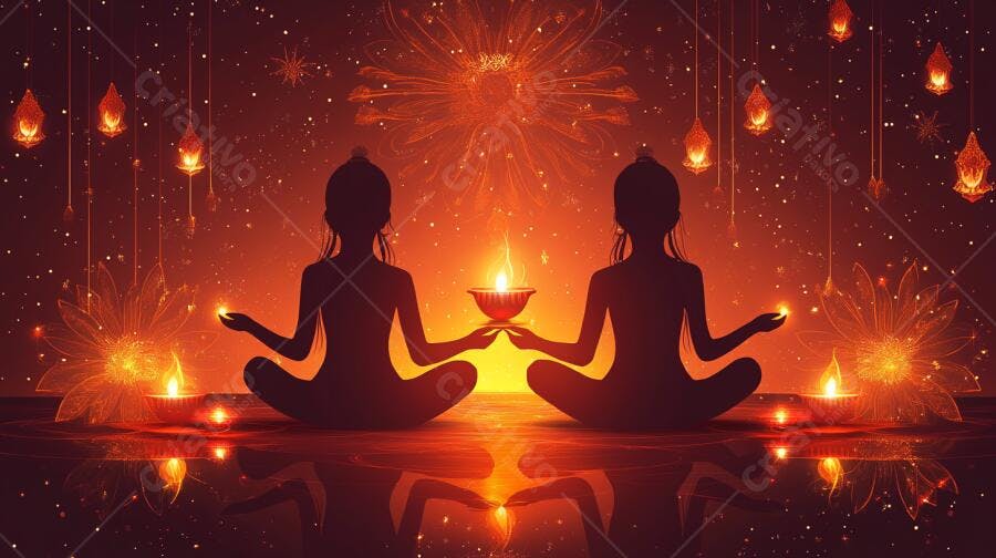 Duas mulheres meditando em festival de luzes com velas e lótus