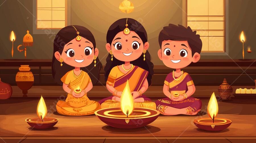 Crianças indianas sorrindo celebrando festival com diyas coloridas e trajes tradicionais