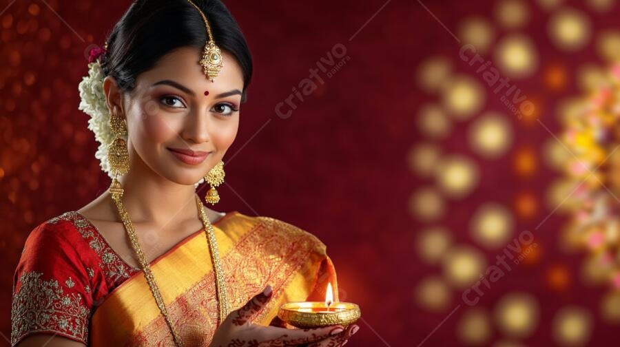 Mulher indiana elegante em sari vermelho dourado segurando diya aceso sorrindo