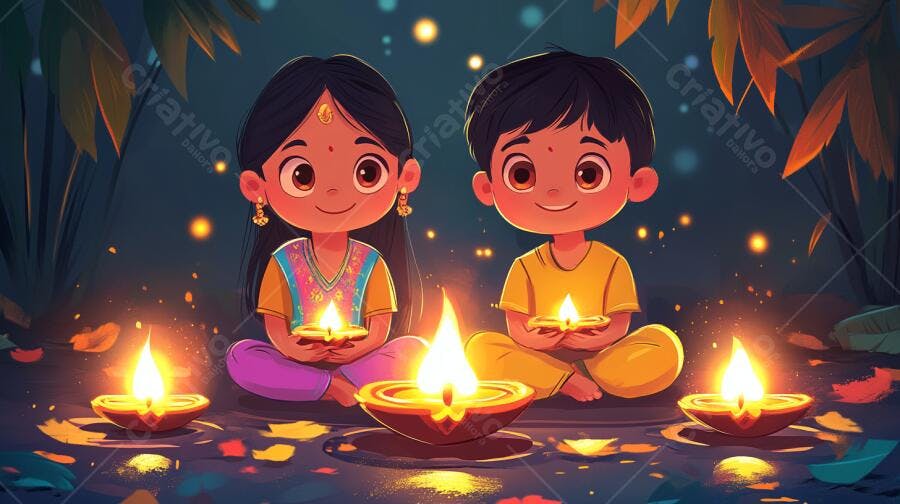 Crianças indianas segurando diyas acesas em celebração noturna