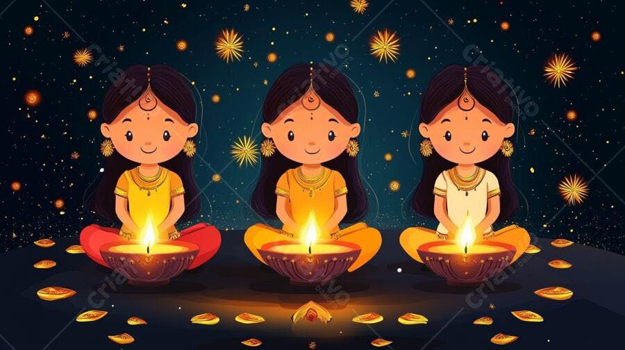 Meninas indianas felizes celebrando Diwali com lâmpadas diya à noite