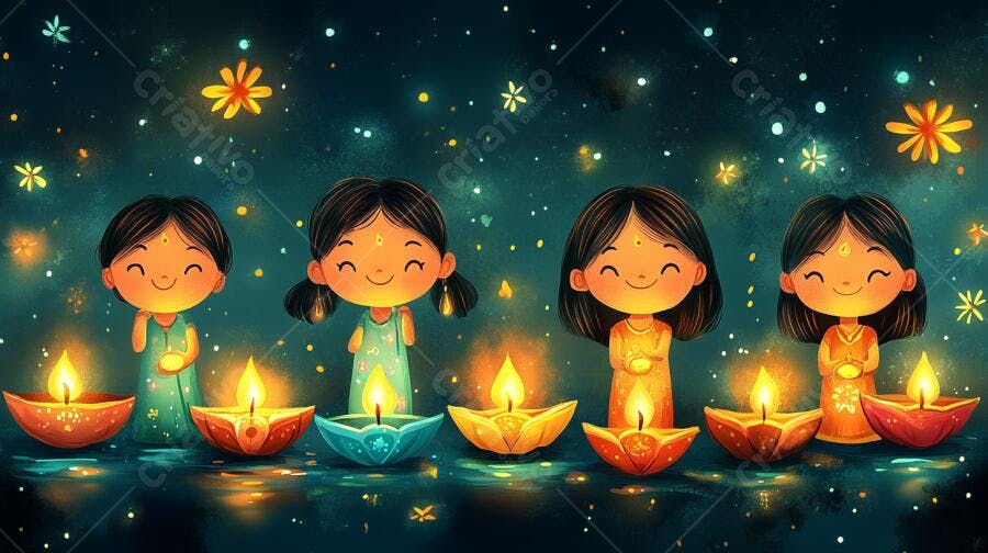 Meninas indianas felizes sorrindo com diyas acesas na celebração Diwali sob céu noturno