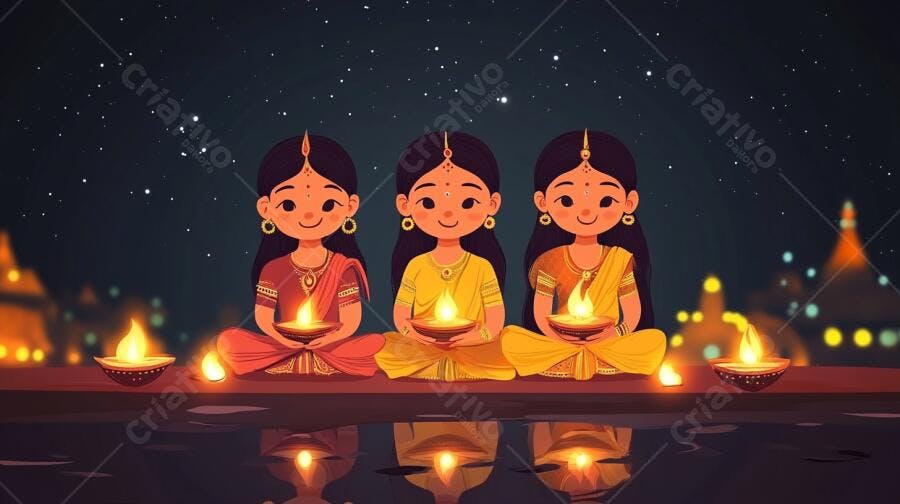 Meninas indianas vestidas de vermelho e amarelo segurando diyas em festival noturno estrelado