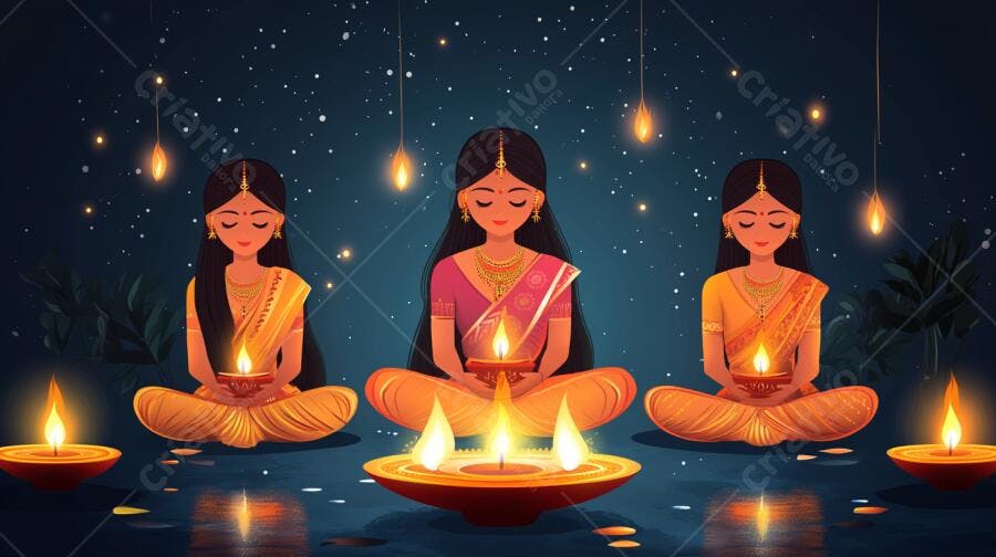 Meninas indianas meditando com diyas em noite estrelada