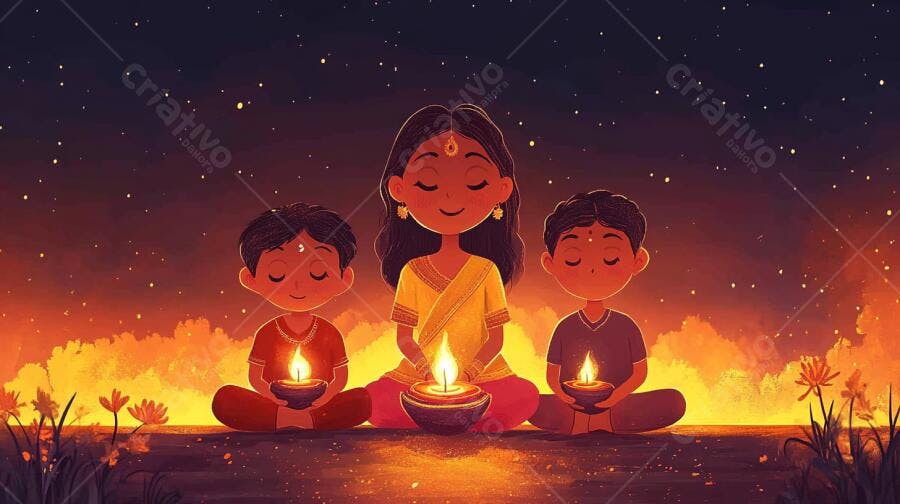 Família indiana celebrando Diwali com diyas acesas sob céu estrelado