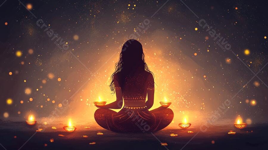 Mulher indiana meditando com luzes Diwali festivas douradas