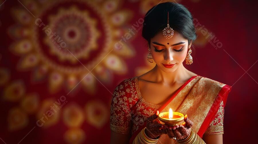 Mulher indiana celebra Diwali com diya aceso em roupa tradicional vermelha