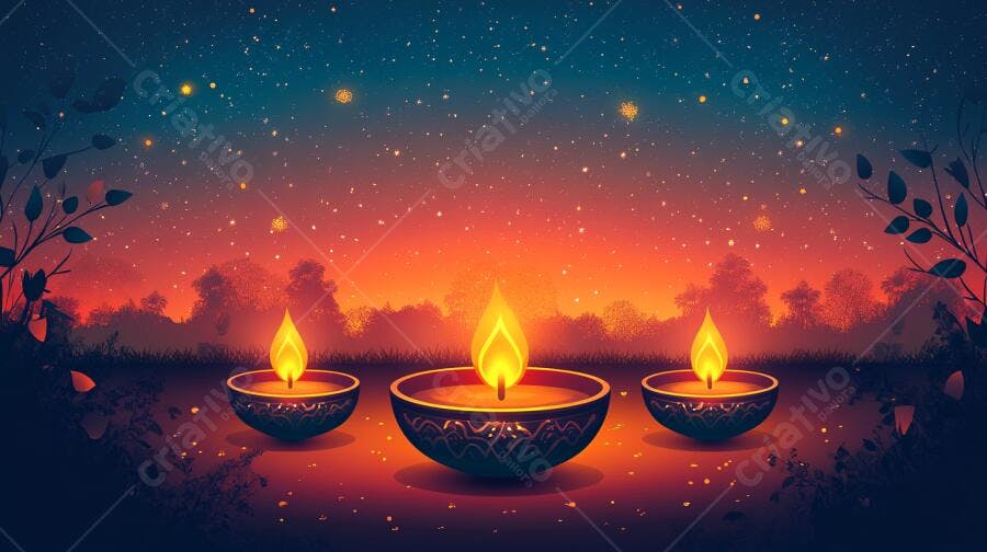 Diyas acesas em festival noturno com céu estrelado e árvores