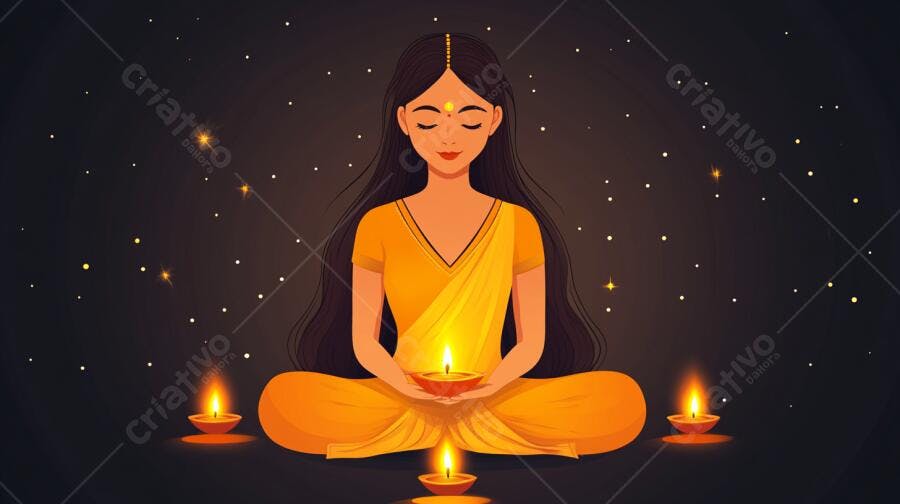Mulher indiana meditando com lâmpadas diya amarelas em celebração Diwali