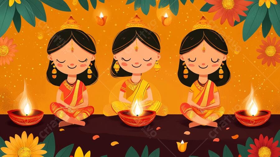 Meninas indianas sentadas com sarees coloridos em celebração de Diwali com diyas acesas
