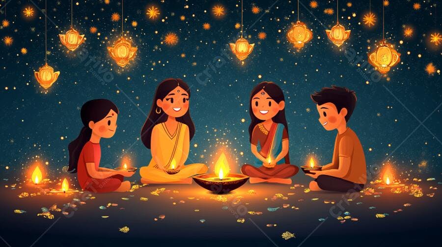 Crianças indianas sorrindo com diyas acesas celebrando Diwali em noite festiva