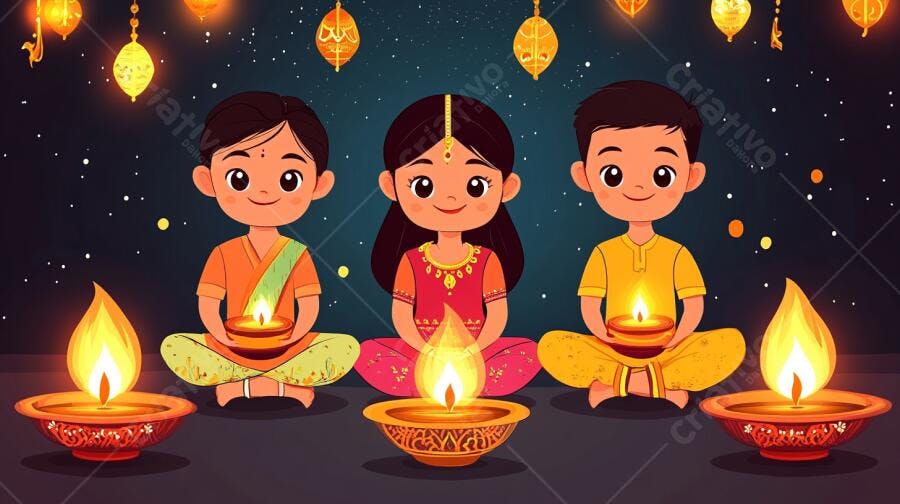 Crianças indianas sorrindo com diyas acesas na celebração do Diwali