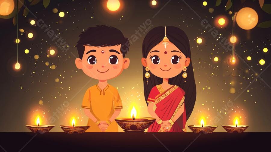 Crianças indianas sorrindo com diyas acesas na celebração de Diwali