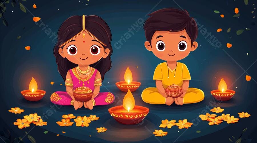 Crianças indianas sorrindo com diyas e flores em celebração noturna colorida