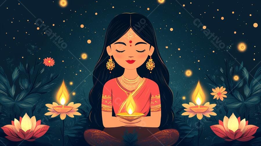 Mulher indiana em meditação com diya em noite estrelada e flores de lótus