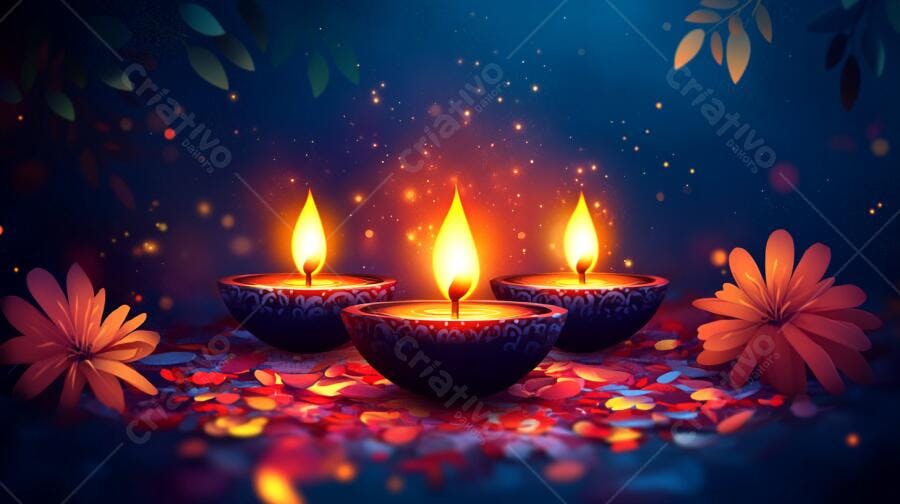 Três diyas acesos em celebração Diwali com pétalas e luzes brilhantes