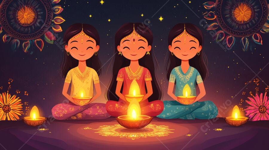 Meninas indianas felizes celebrando Diwali com diyas acesas coloridas