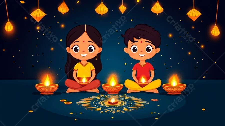 Crianças indianas felizes celebrando Diwali com diyas acesas ilustração noturna